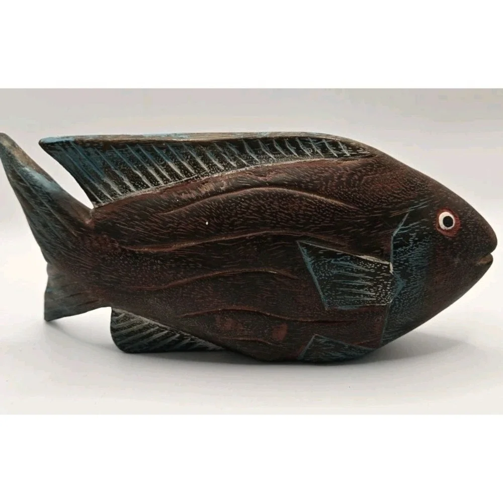 Vintage Carved Wood Fish Decor Coastal Nautical Rustic Boho 9